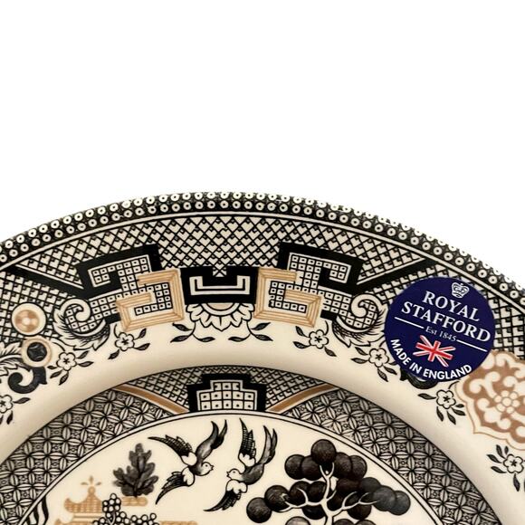 Royal Stafford Black Gold Asian Garden Willow Pagoda Dinner Plates Set of 4 New - Picture 3 of 16